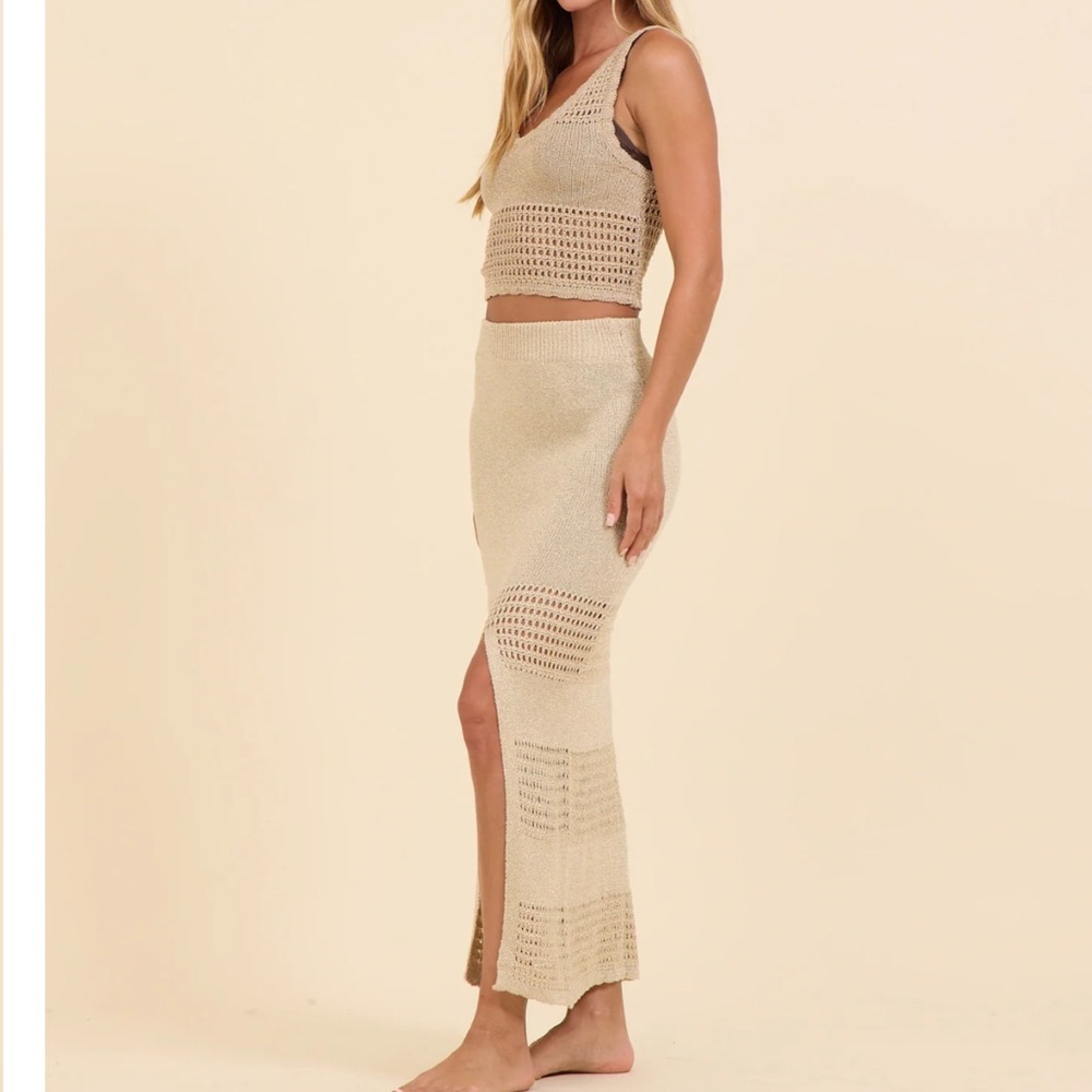 Surf Gypsy Beige Crochet Knit Two-Piece Skirt Set